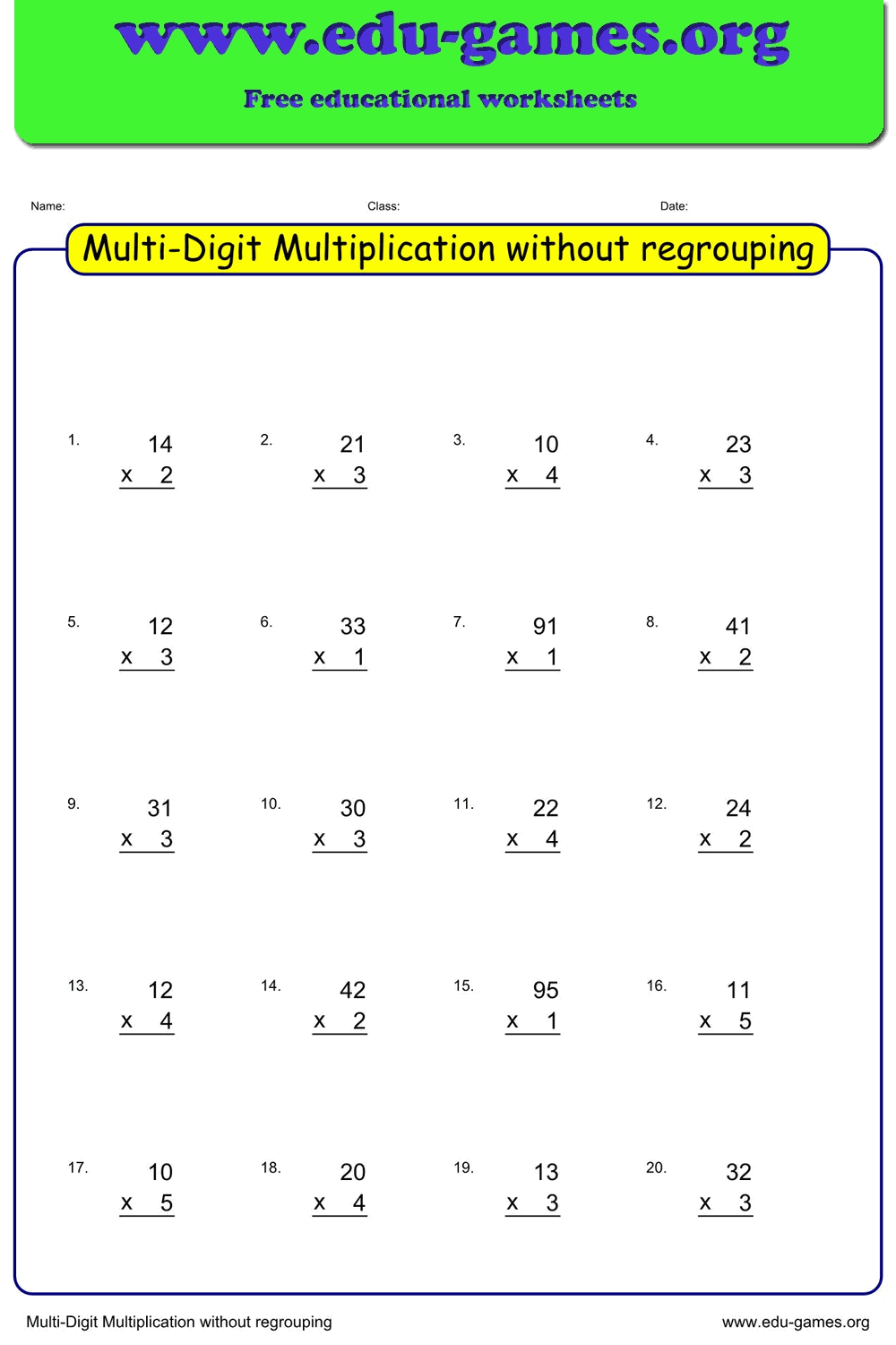 Multi-Digit Multiplication Without Regrouping Worksheets | Free Printable