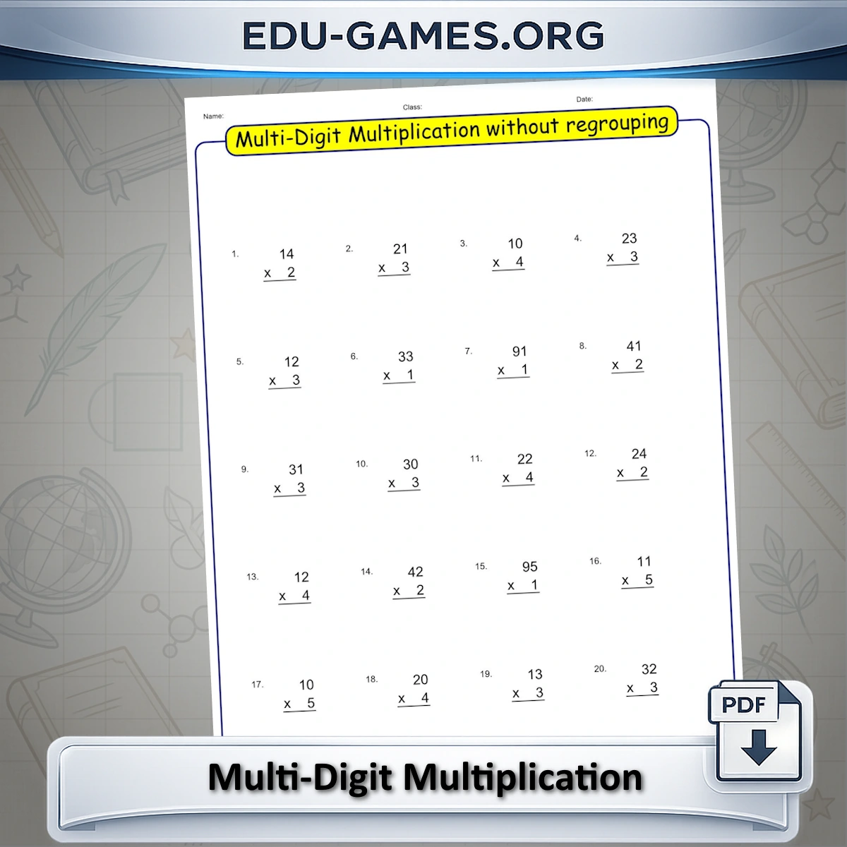 Free printable multiplication without regrouping worksheet generator