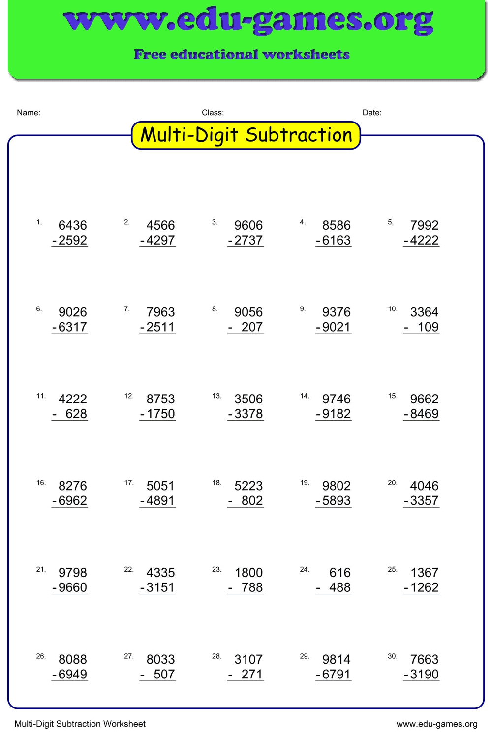 Multi-Digit Subtraction Worksheets with Regrouping — Free PDF | Edu-Games
