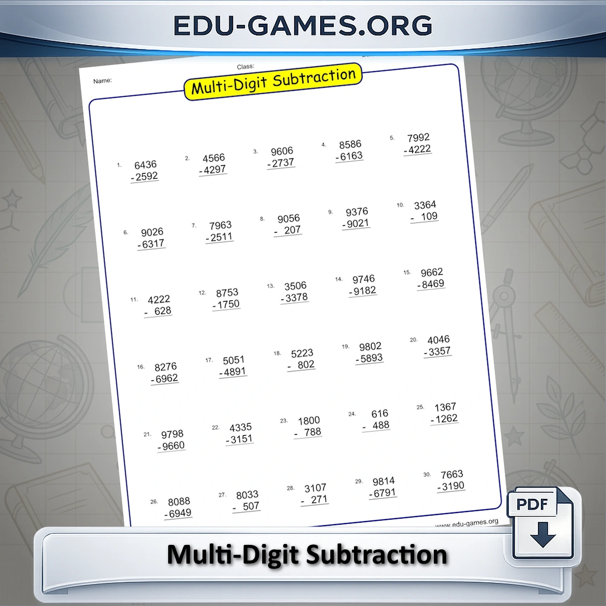 Free printable multi-digit subtraction worksheet generator in vertical column format