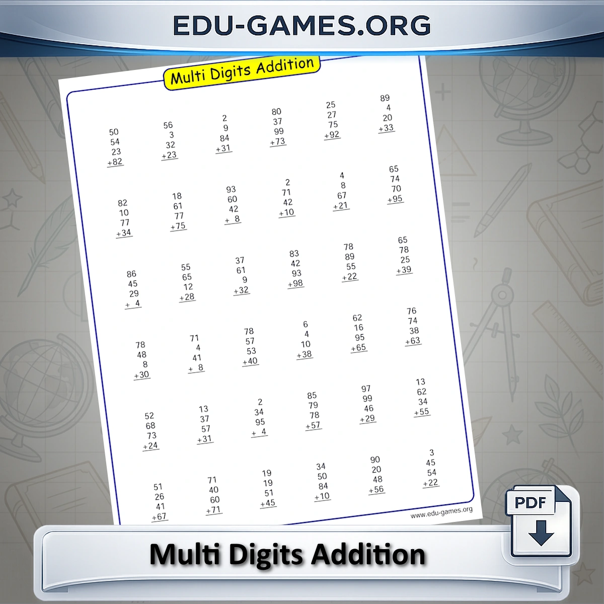 Free printable multi-digit addition worksheet generator in vertical column format