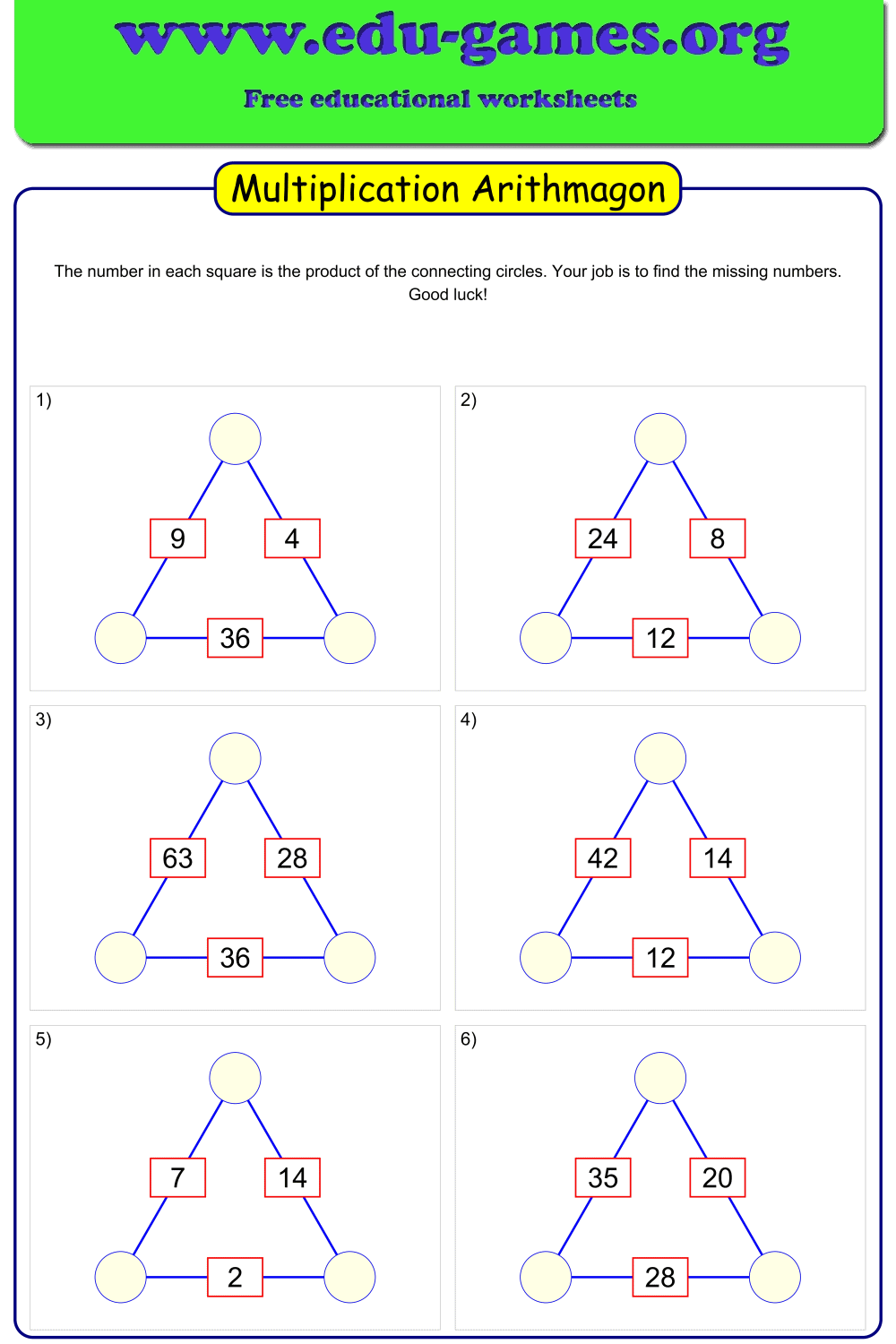 Free Multiplication Arithmagon Generator – Printable Worksheets for Grades 4–6