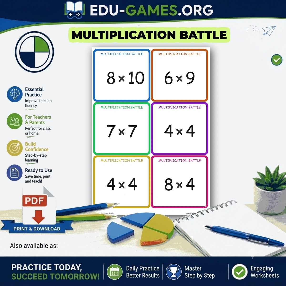 Printable multiplication battle card game