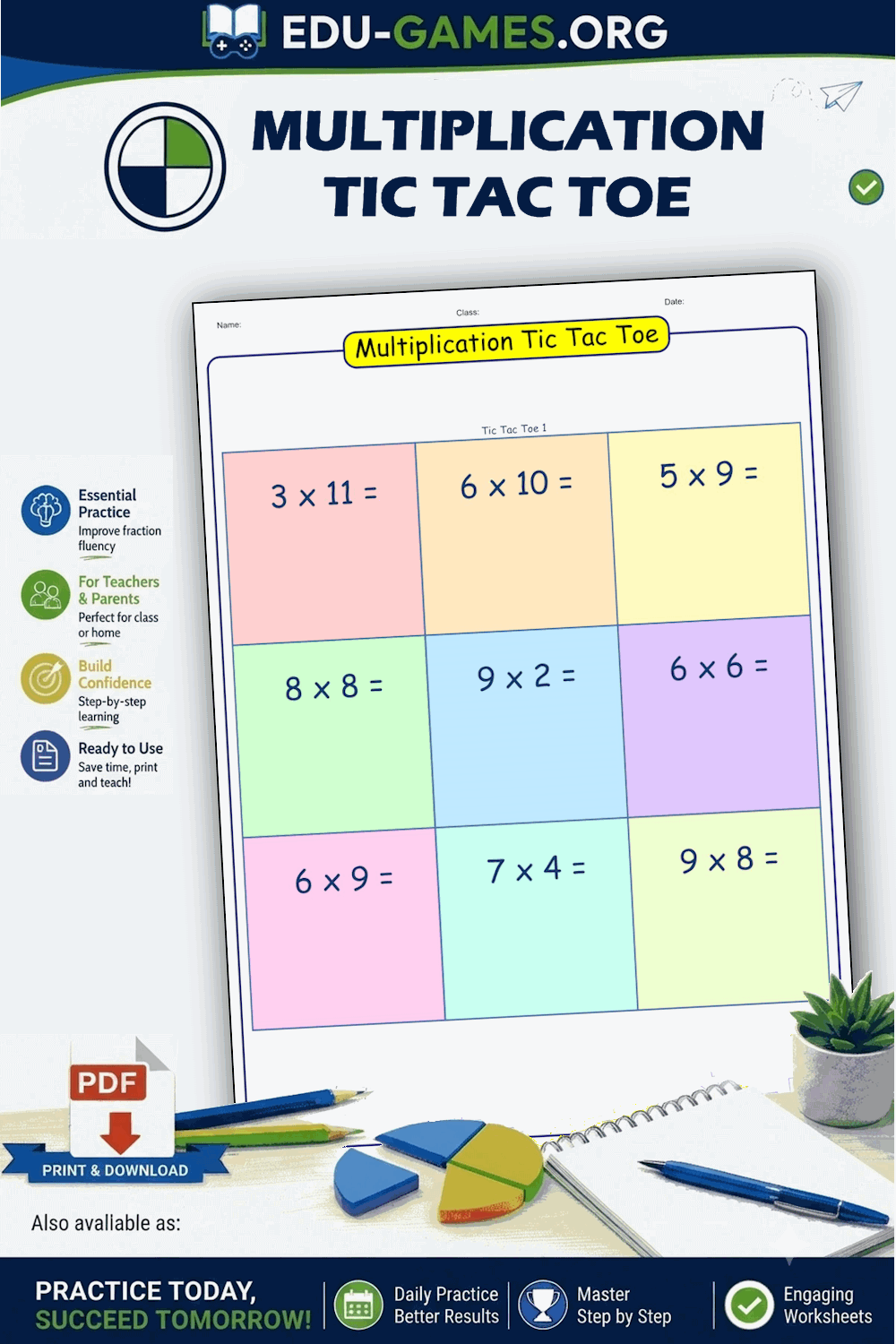 Multiplication Tic Tac Toe Worksheet Generator — Free Printable PDF