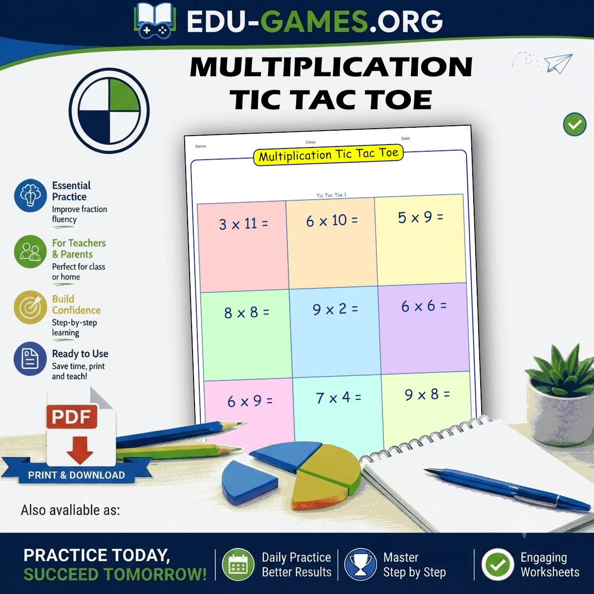 Free printable Multiplication Tic Tac Toe worksheet generator - multiplication problems in every square of a 3x3 tic-tac-toe grid.