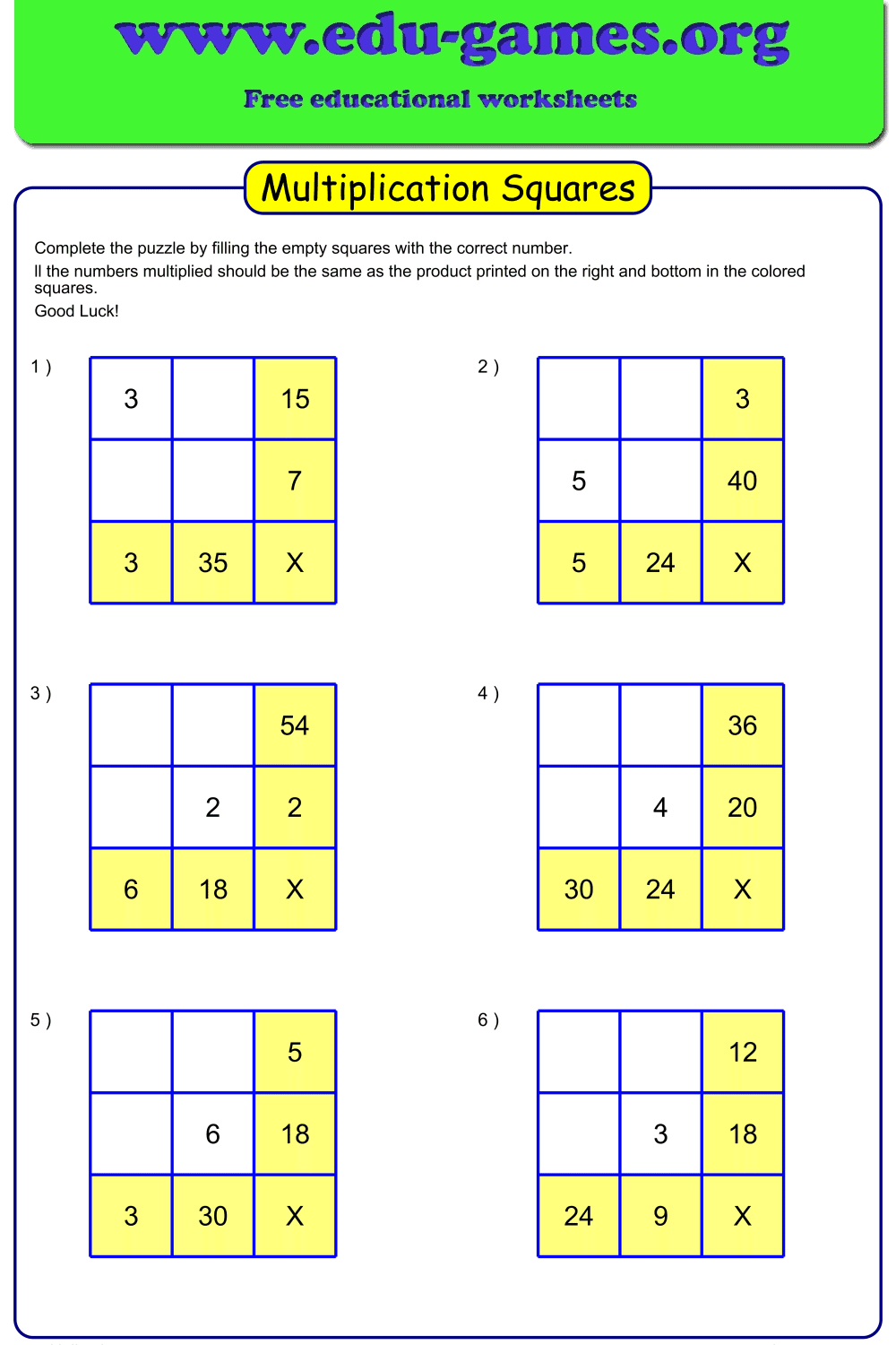 Multiplication Squares Worksheet Generator — Free Printable PDF | Edu-Games