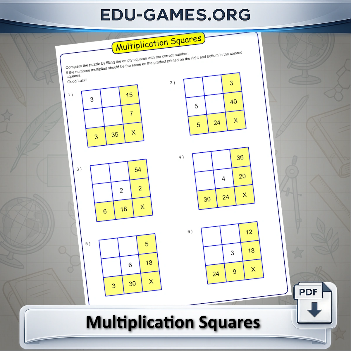 Free printable multiplication squares worksheet generator