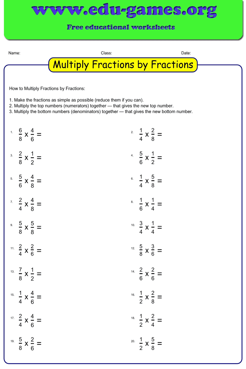 Multiplying Fractions by Fractions Worksheets — Free Printable PDFs