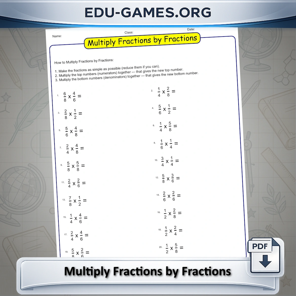 Free printable multiplying fractions by fractions worksheet generator