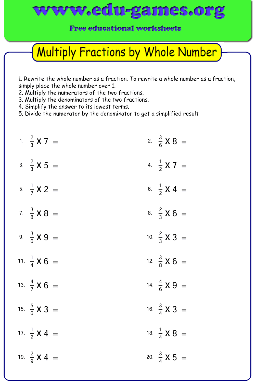 Multiplying Fractions by Whole Numbers Worksheets — Free Printable PDFs