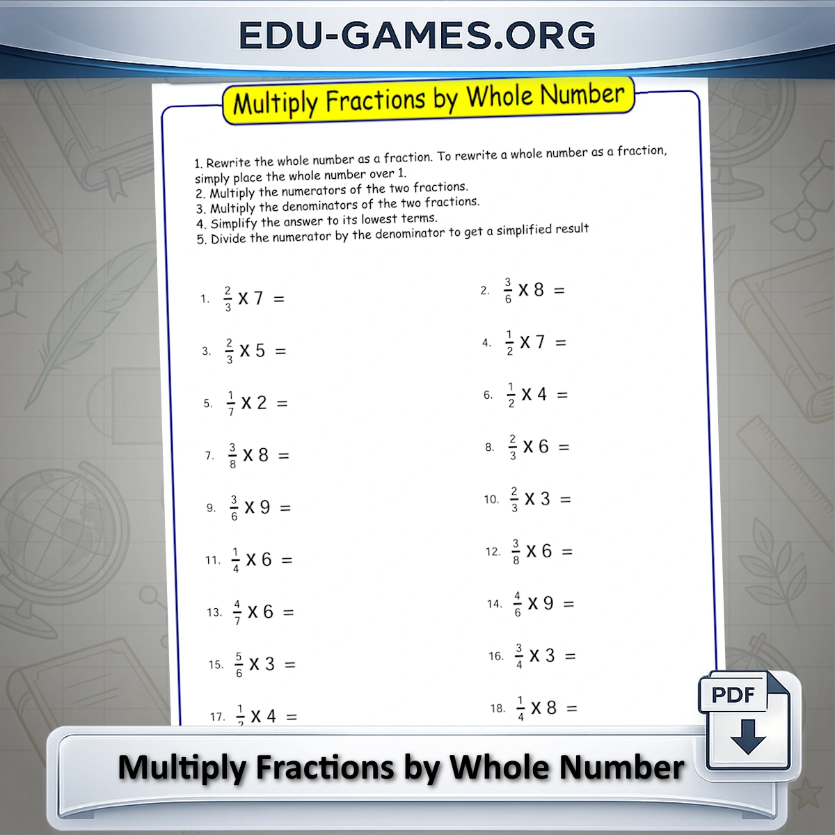 Free printable multiplying fractions by whole numbers worksheet generator