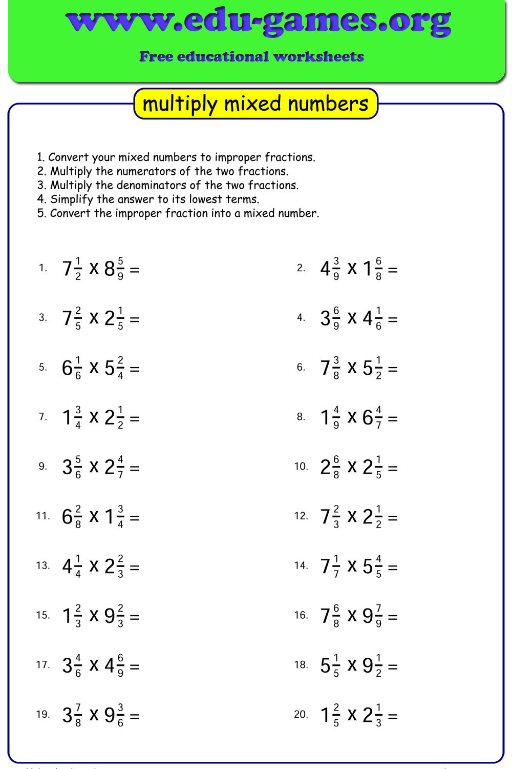 Multiplying Mixed Numbers Worksheets — Free Printable PDFs