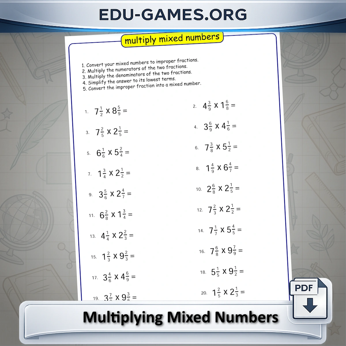 Free printable multiplying mixed numbers worksheet generator