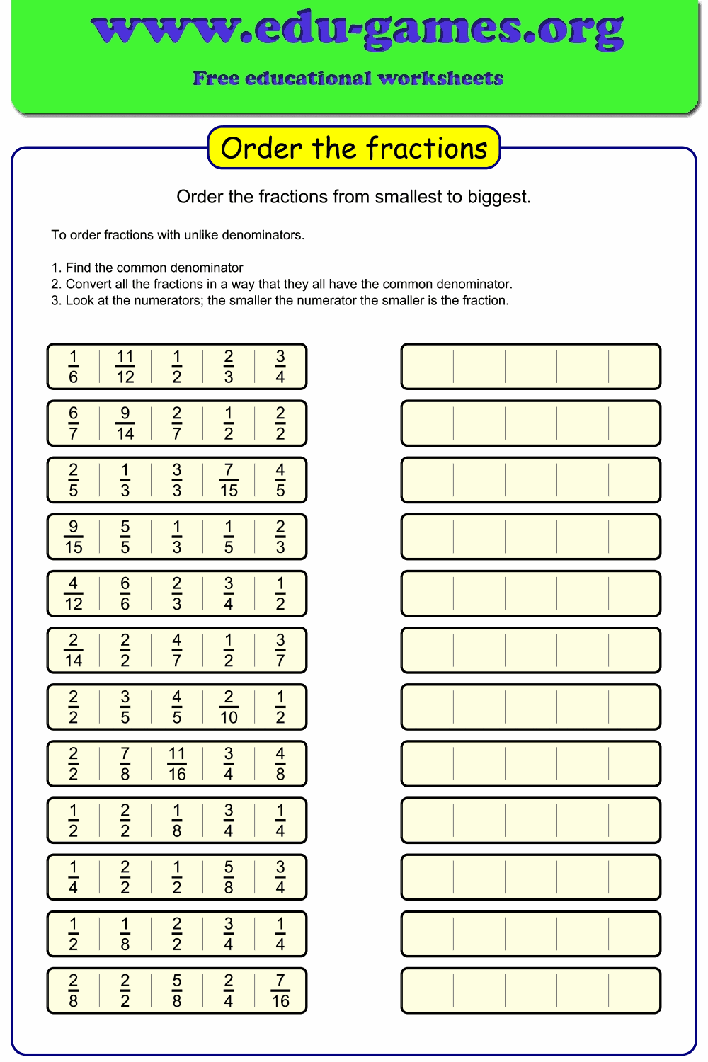 Ordering Fractions Worksheet Generator | Like & Unlike Denominators