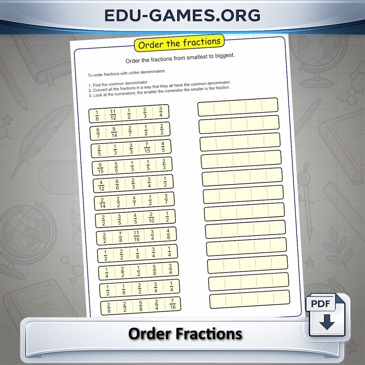 Free printable ordering fractions worksheet generator