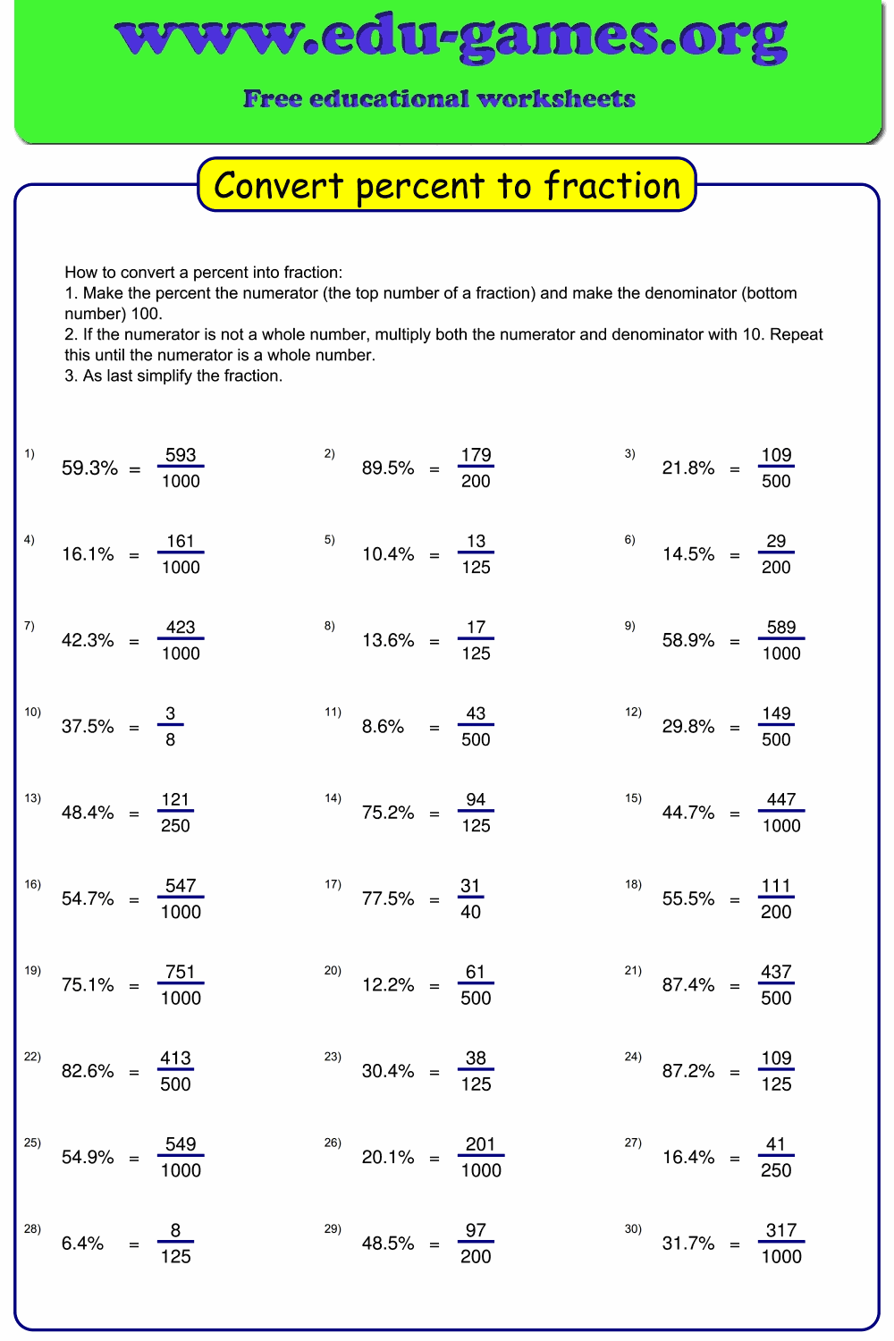 Free Percent to Fraction Worksheets & Printable PDFs
