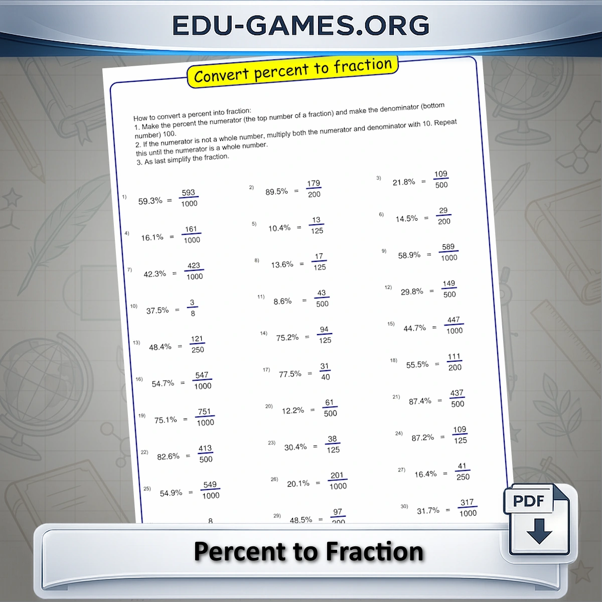 Free printable percent to fraction conversion worksheet generator