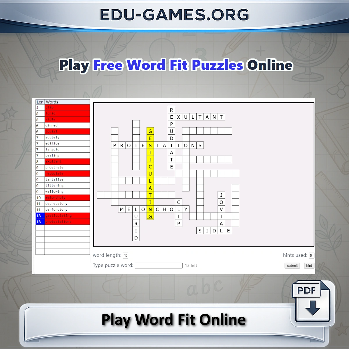 Free online word fit puzzle grid with word list — a browser word game for vocabulary practice