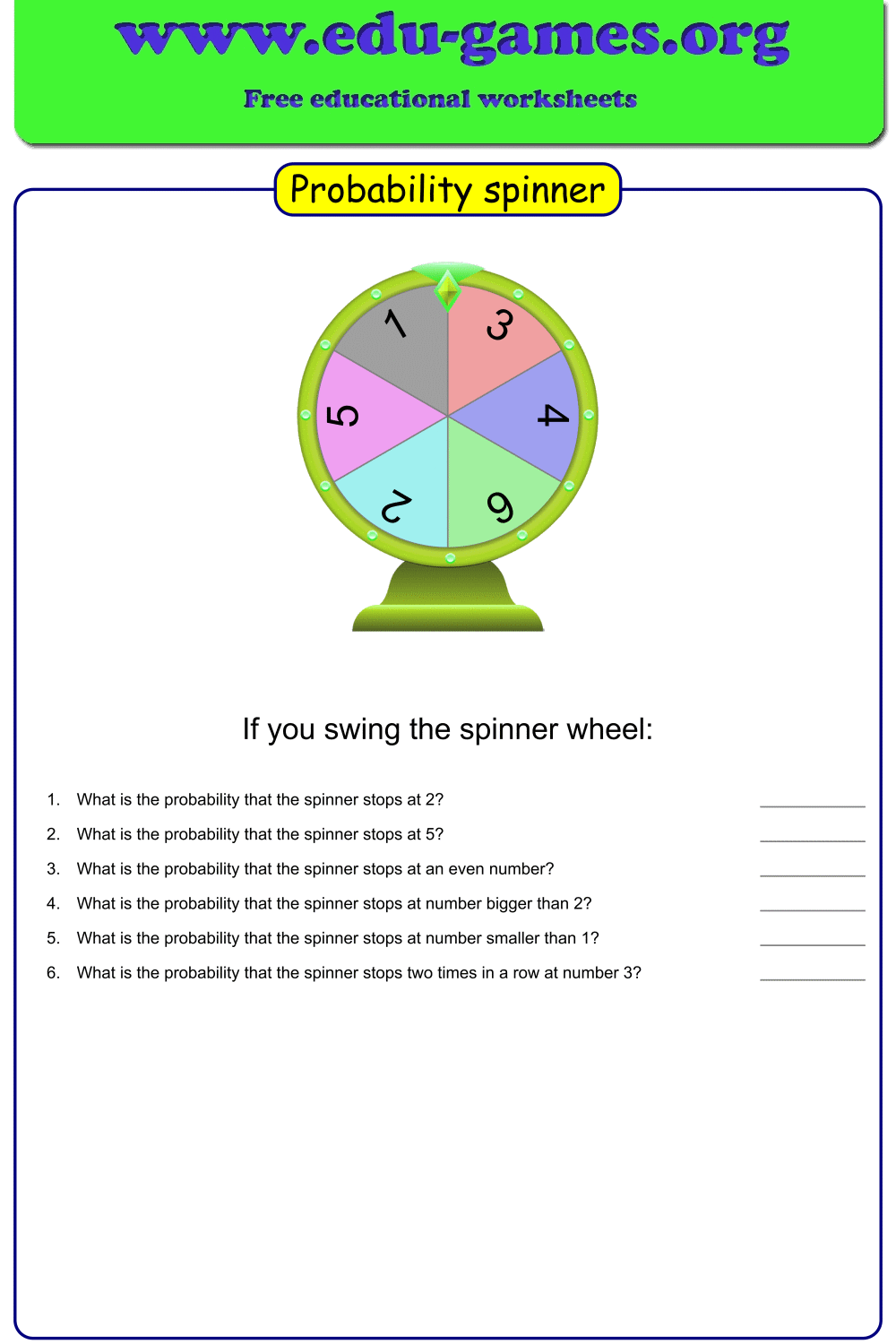 Free Probability Spinner Worksheet Generator