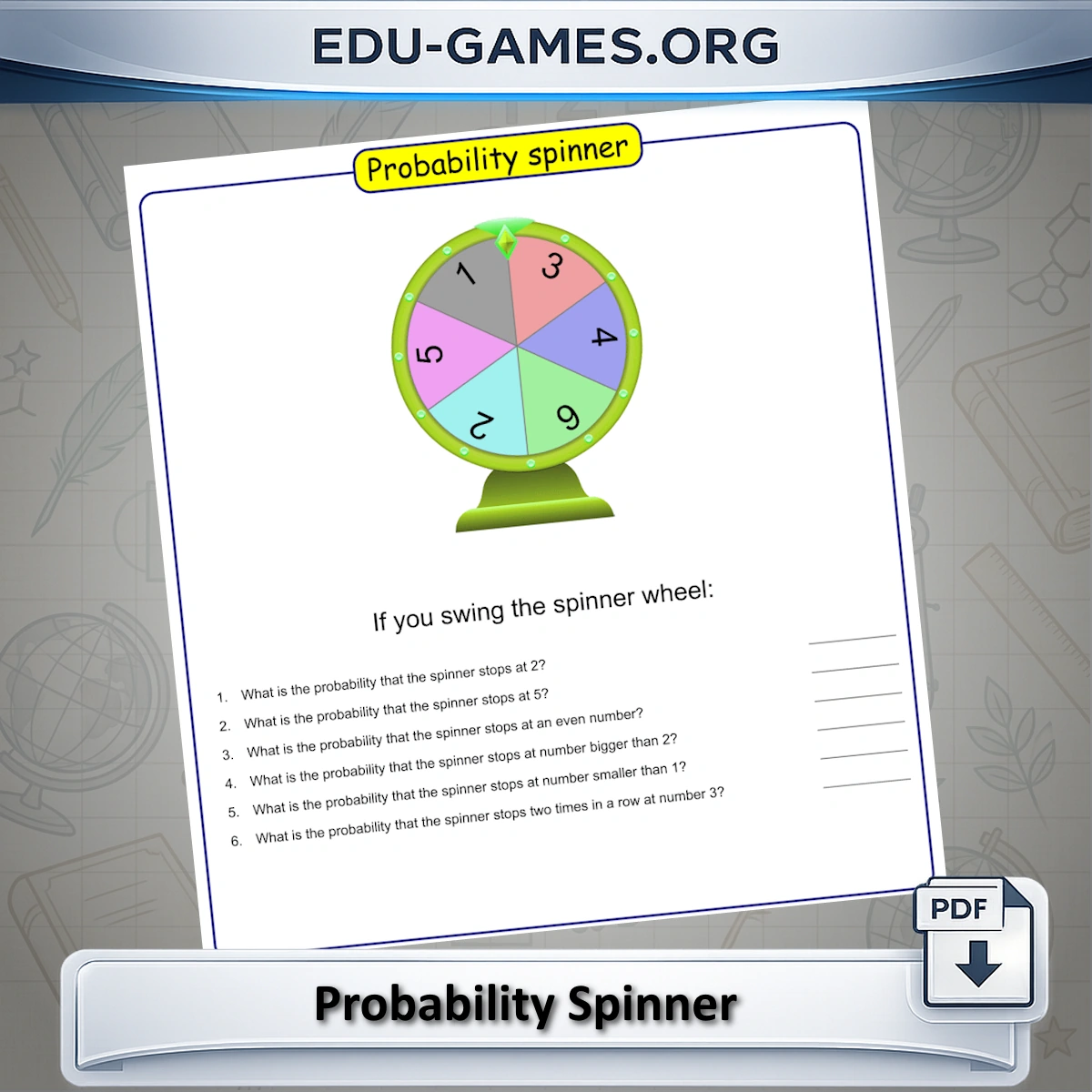 Free printable probability spinner worksheet generator