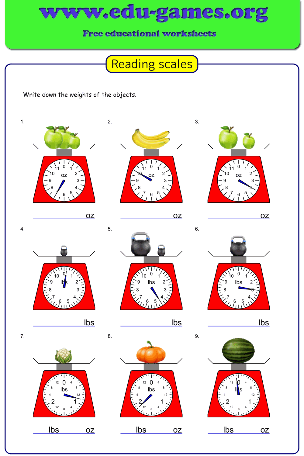 Reading Scales Worksheets — Printable Weighing Scales Practice | Edu-Games