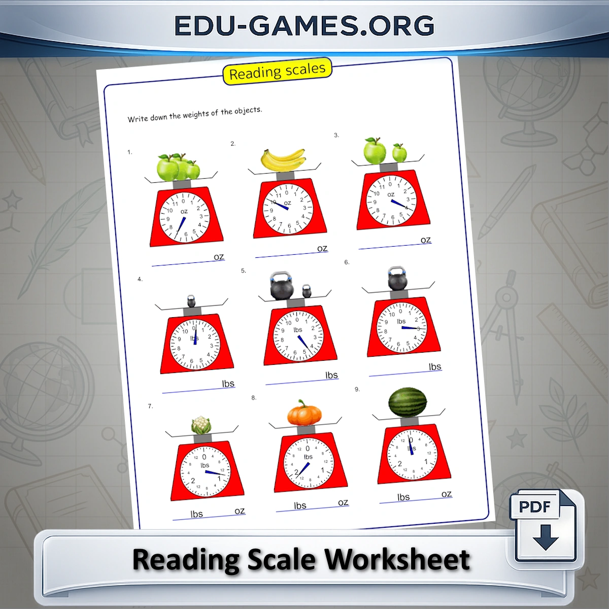 Free printable reading scales worksheet — weighing scales practice