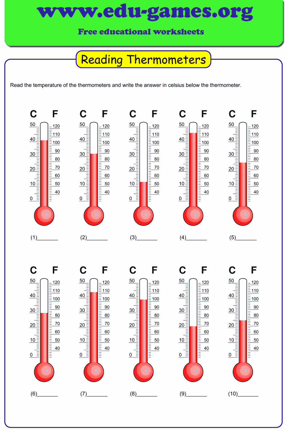 Reading Thermometer Worksheets (Celsius & Fahrenheit) — Free Printable PDF Generator