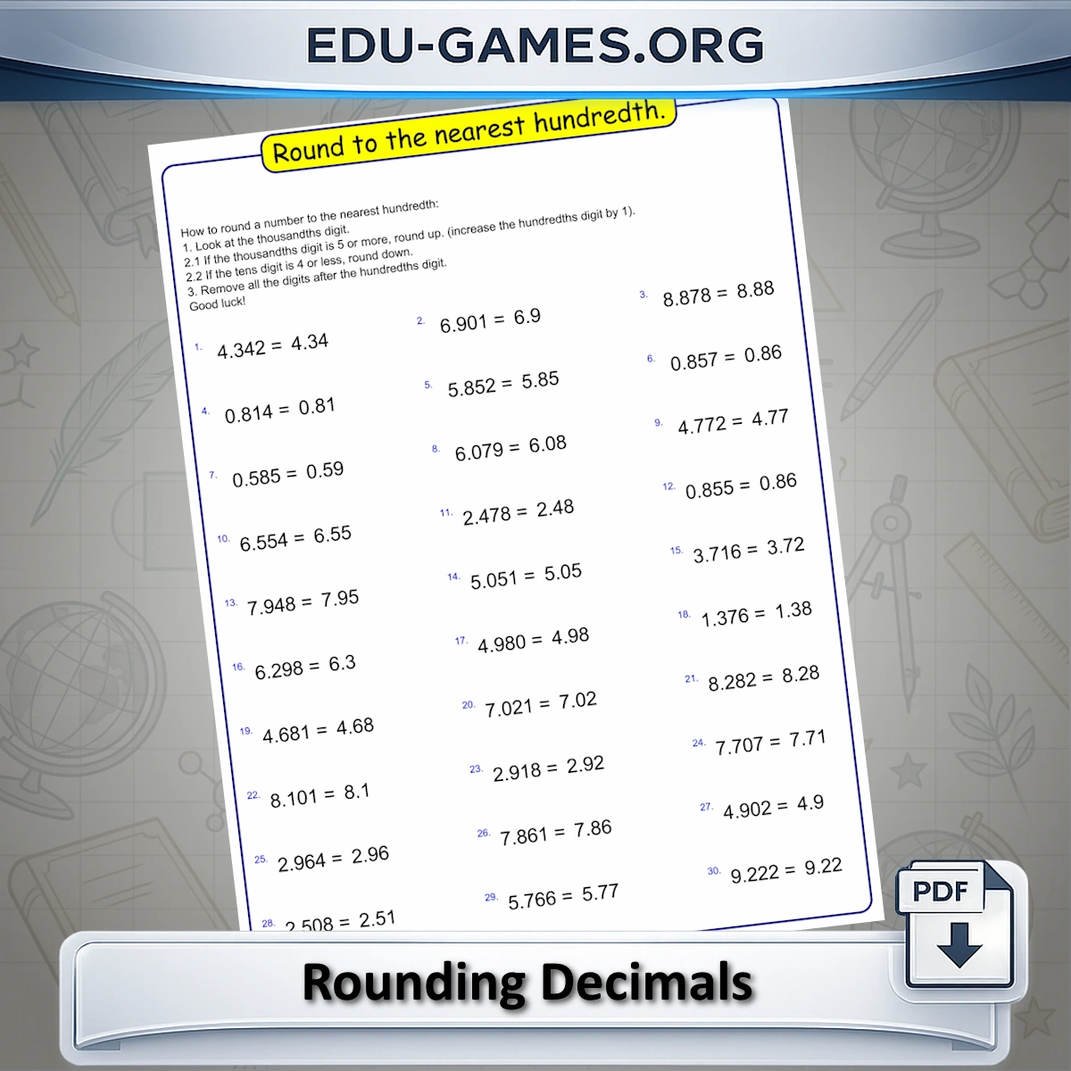 Printable rounding decimals worksheet generator.