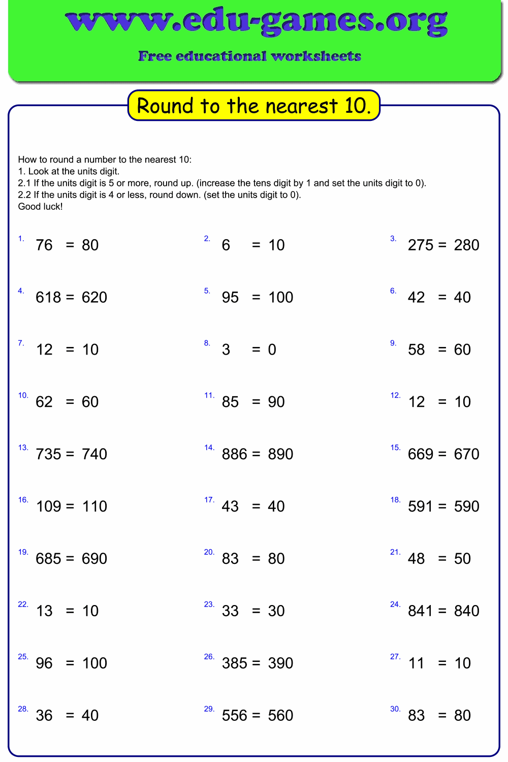 Rounding to the Nearest 10 or 100 Worksheets — Free PDF with Answer Key | Edu-Games