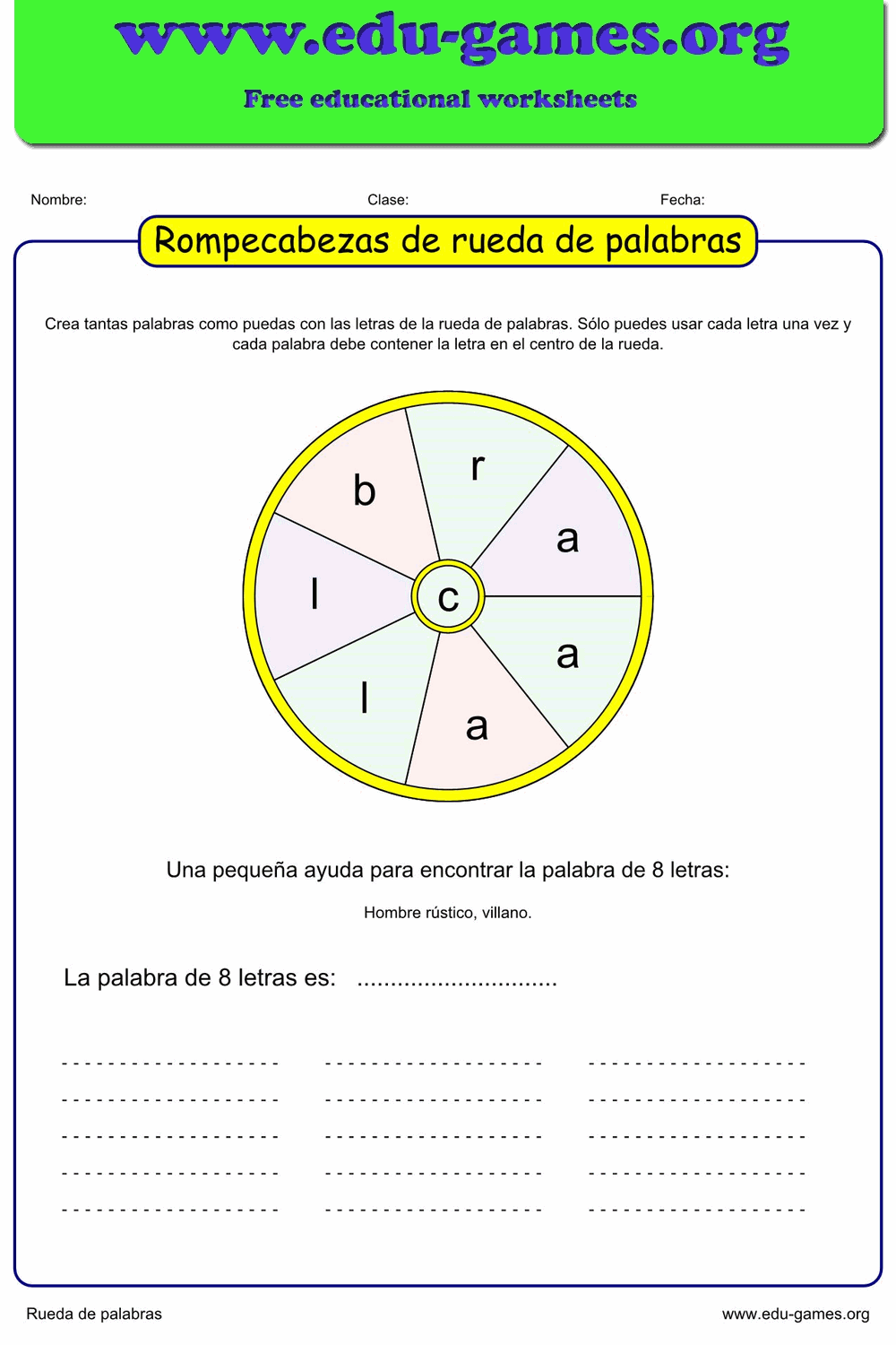 Creador de Rueda de Palabras Gratis — Hojas de Trabajo Imprimibles con Respuestas