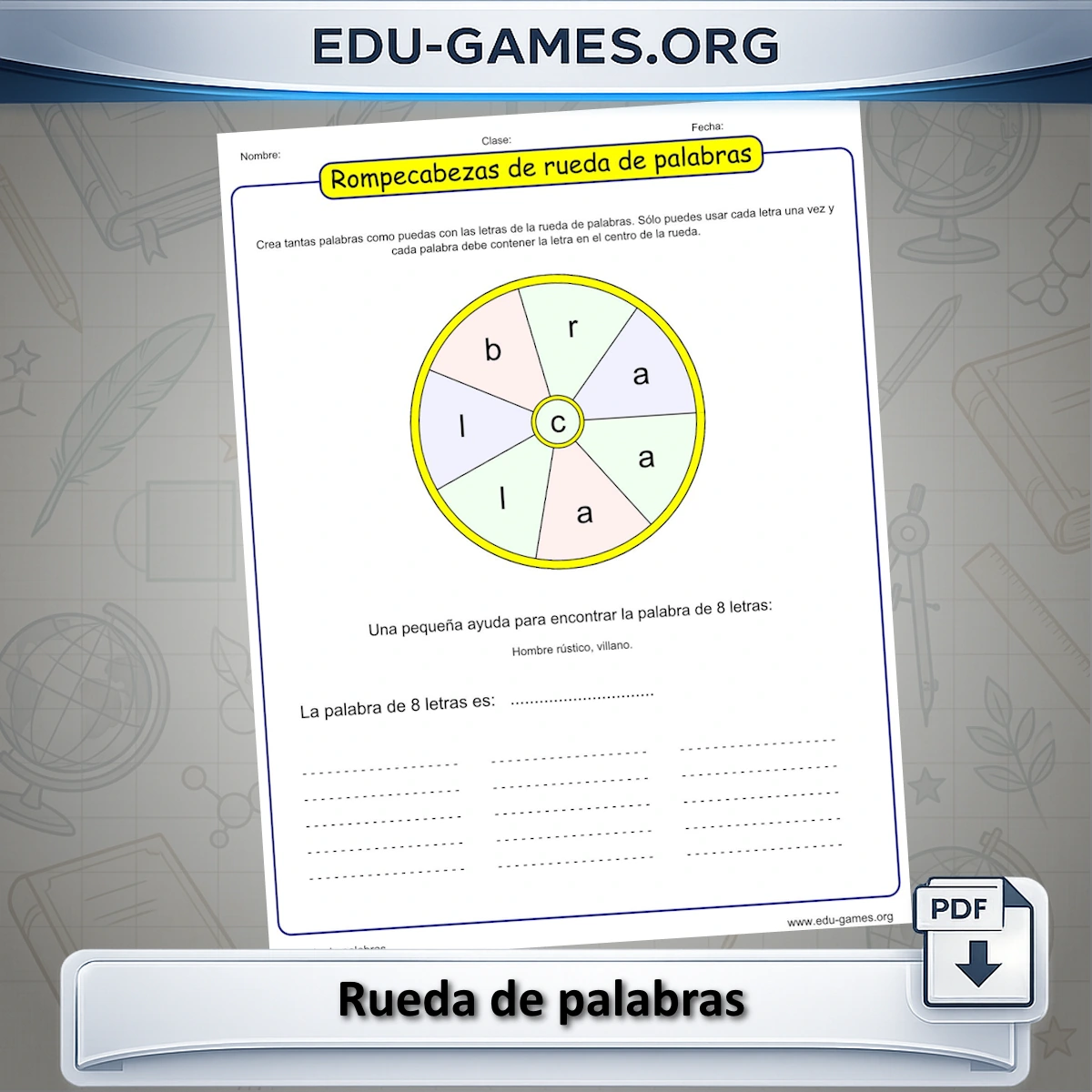 Hoja de trabajo de rueda de palabras — rueda circular de letras con una letra central destacada, imprimible para uso en el aula