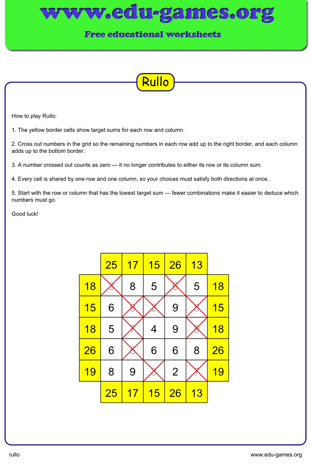 Free Printable Rullo Puzzle Generator — PDF Worksheet | Edu-Games