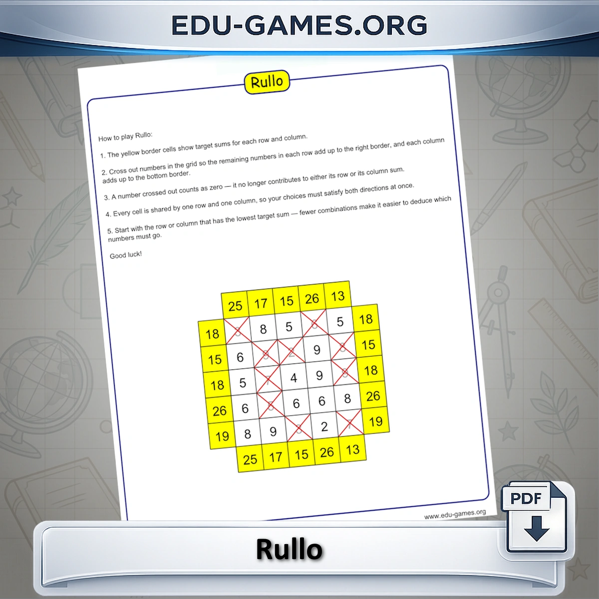 Free printable Rullo puzzle — a number grid where you cross out numbers to match the row and column sums on the borders
