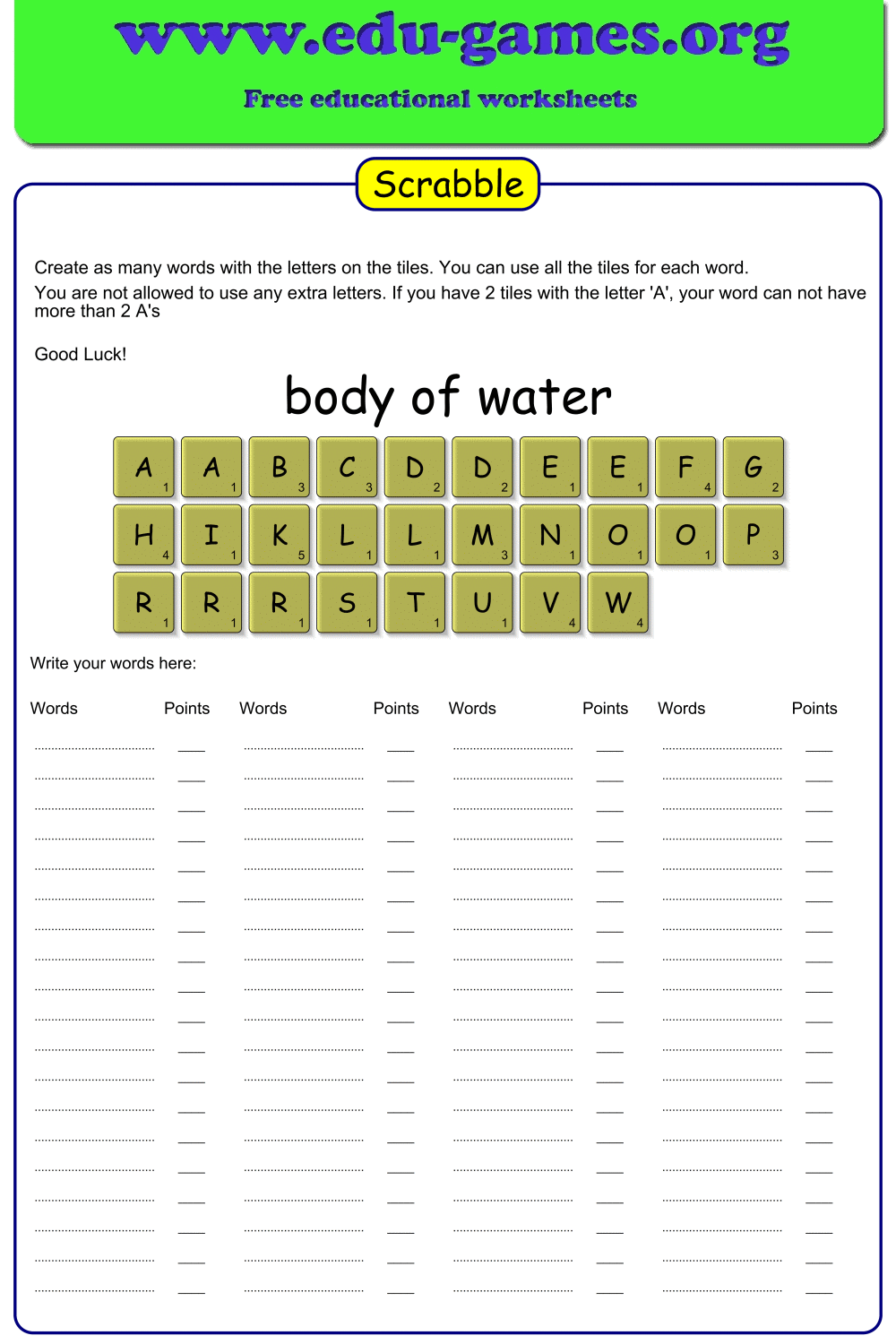 Free Scrabble Generator — Printable Word Worksheets