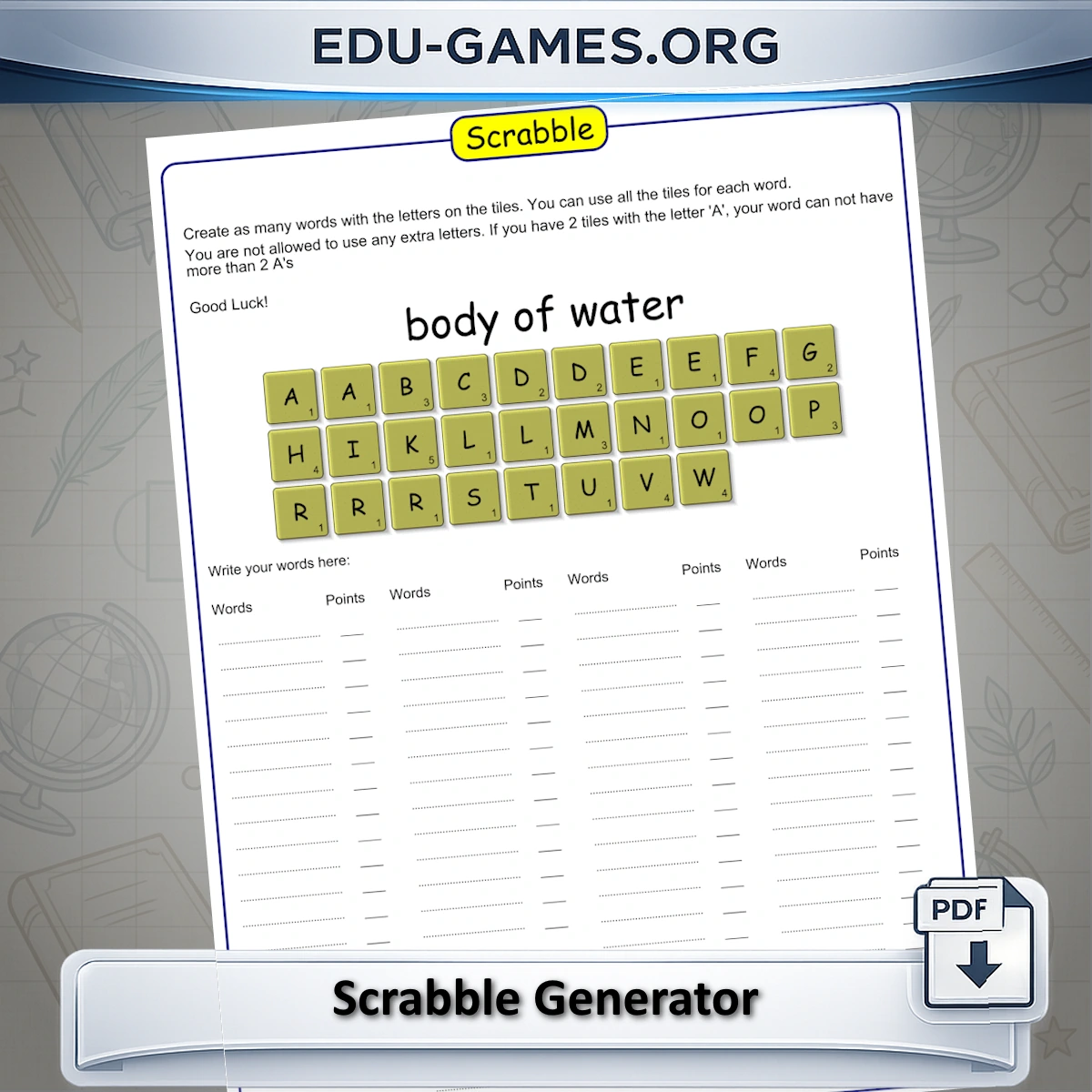 Free printable Scrabble-style worksheet generator