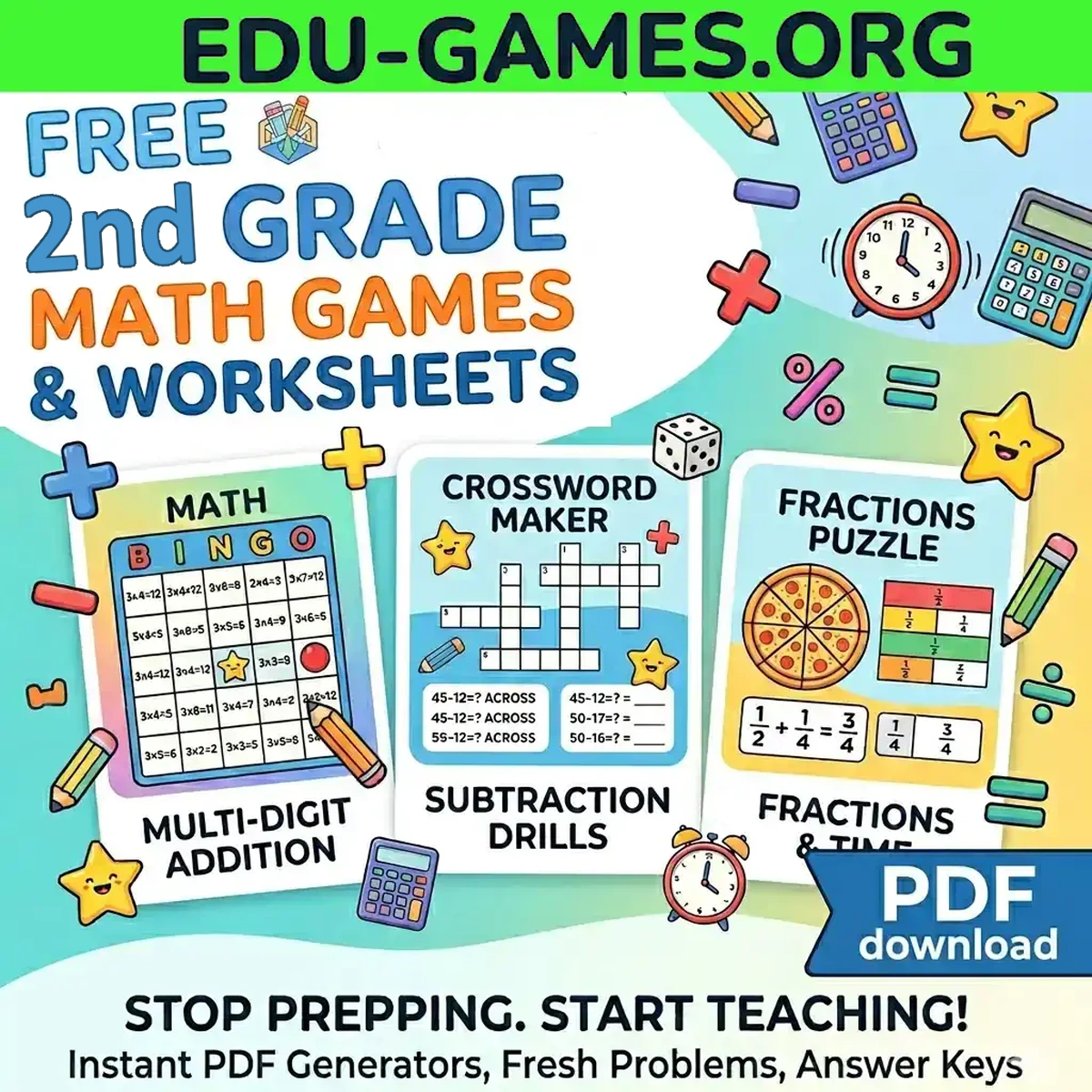 Free printable second grade math game worksheets