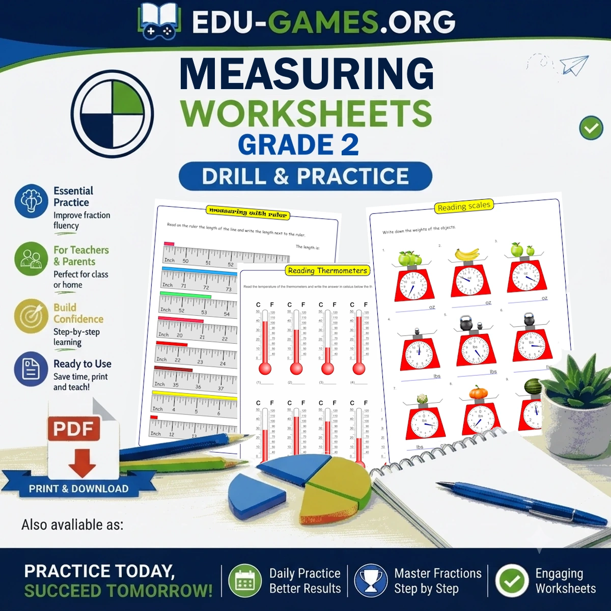 Free printable second grade measurement worksheets