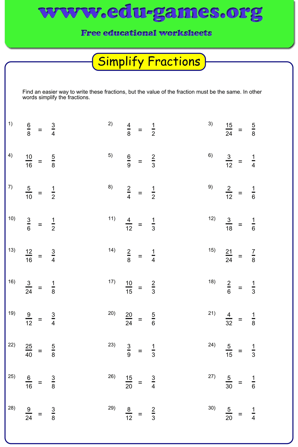 Simplifying Fractions Worksheet Generator — Free Printable PDFs