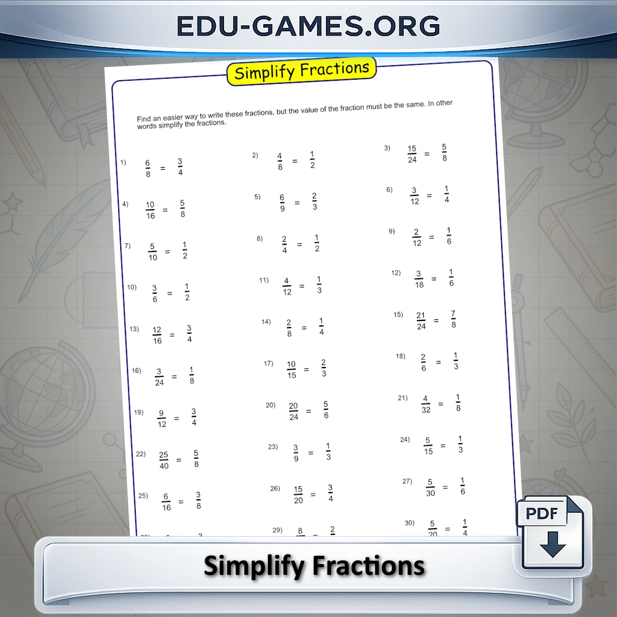Free printable simplifying fractions worksheet generator