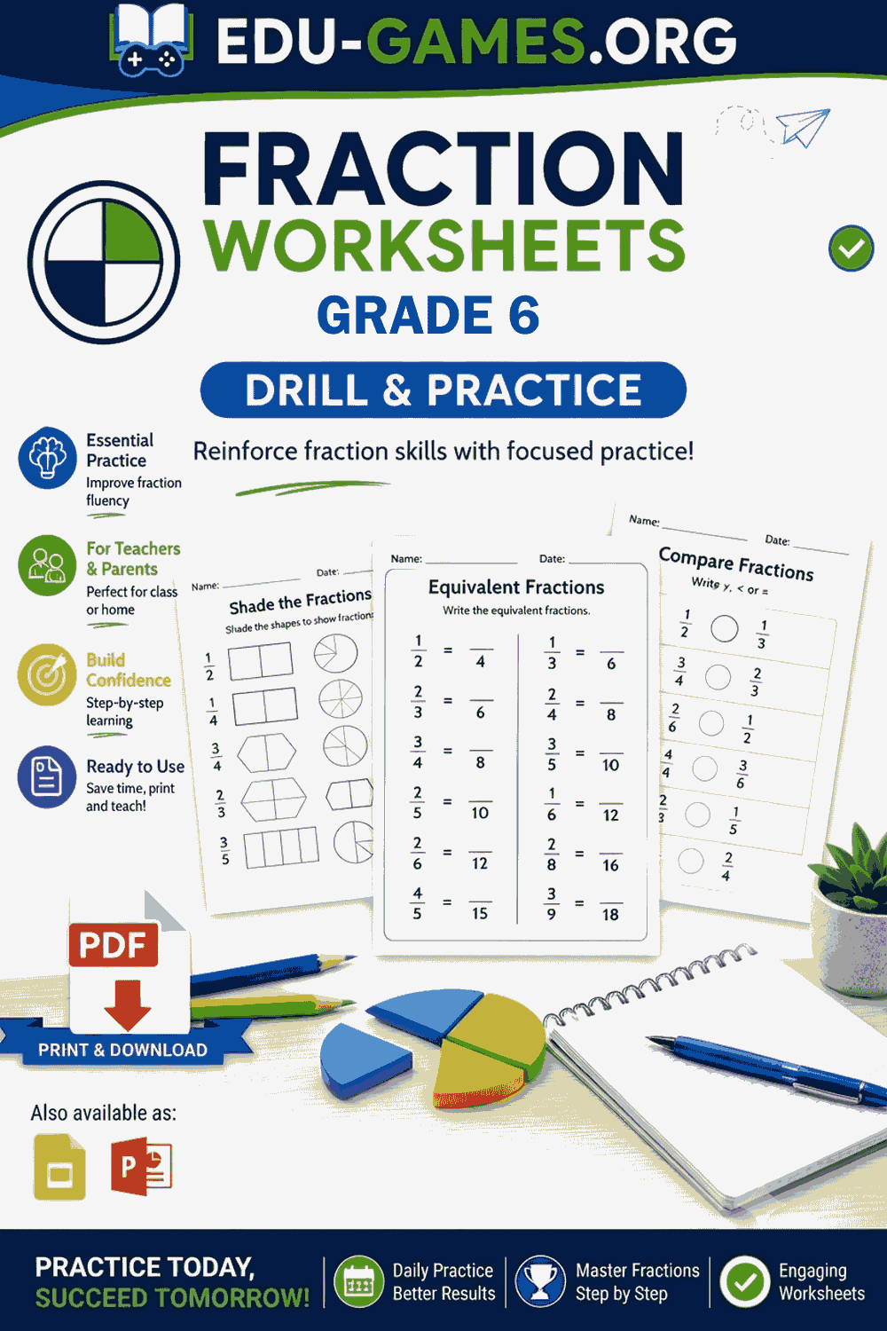 Free Printable Fractions Worksheets for Grade 6