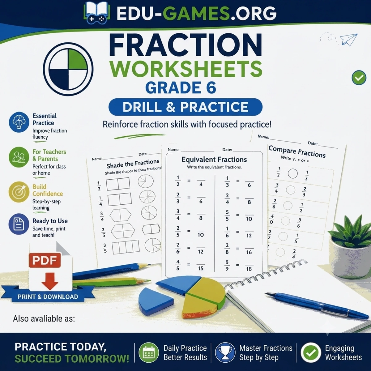 Free printable sixth grade fractions worksheets
