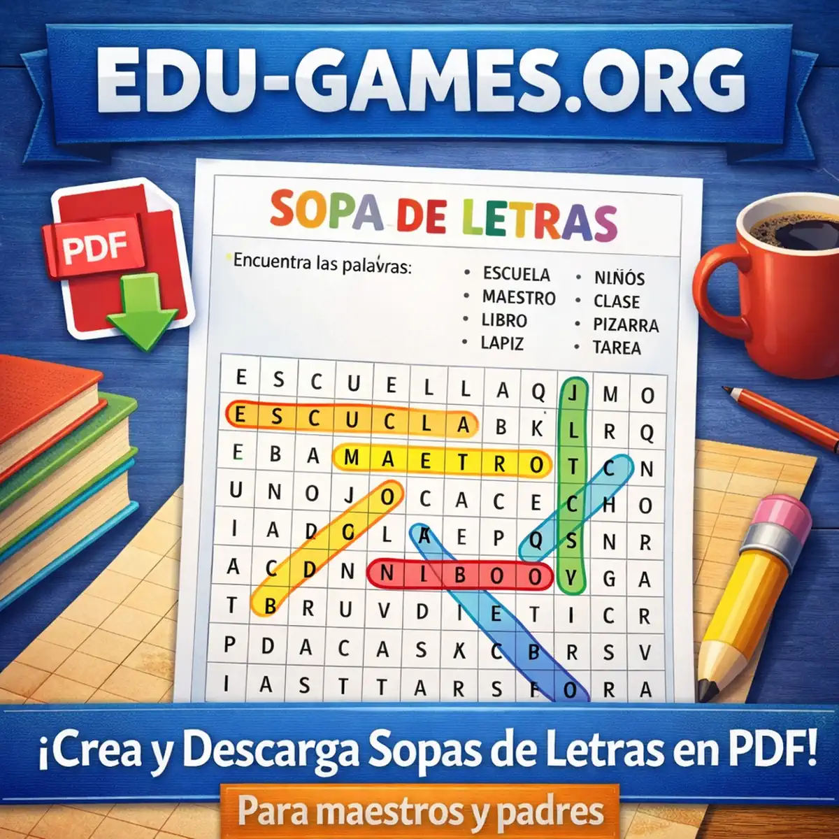 Crea una sopa de letras personalizada en segundos con tus propias palabras.
