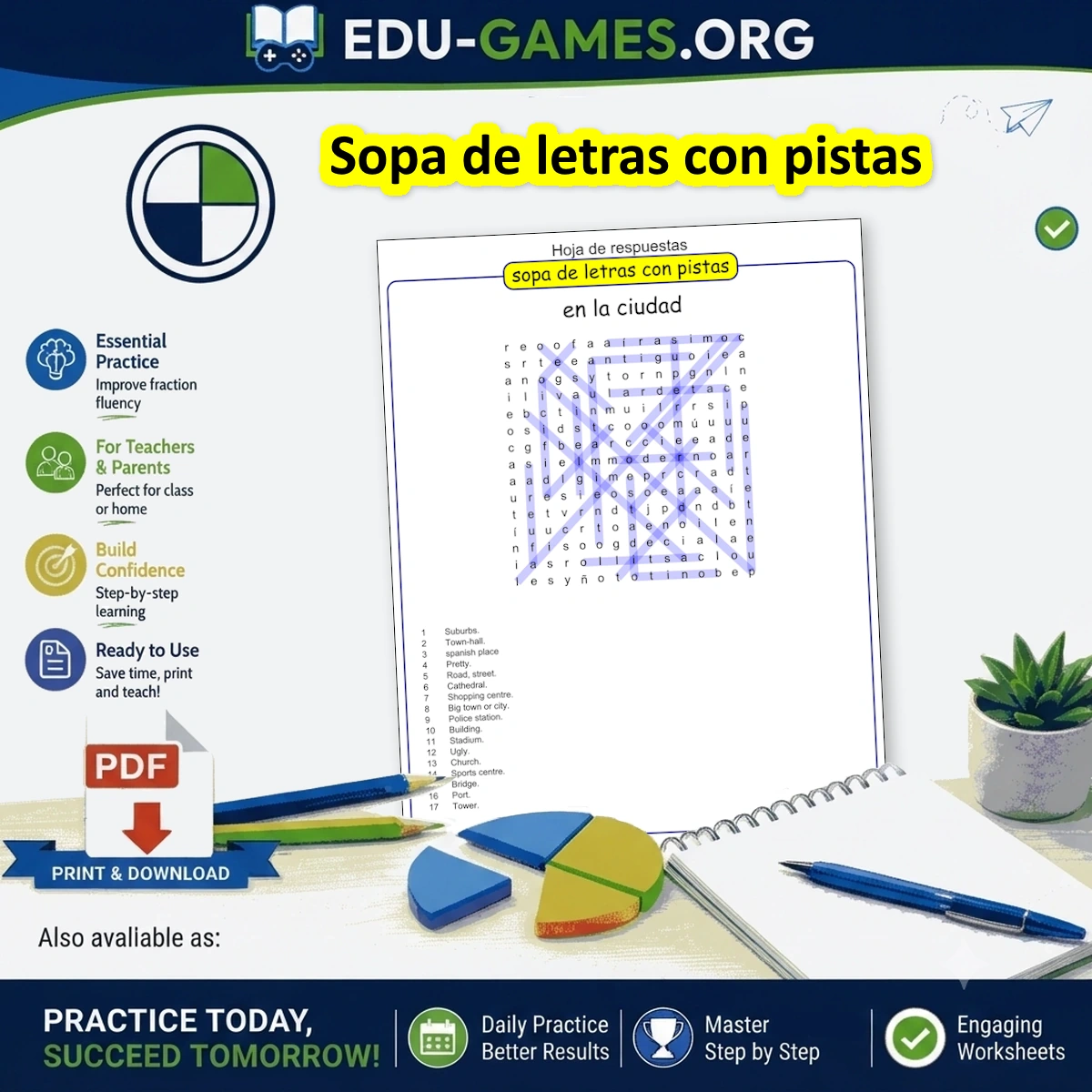 Generador gratuito de sopas de letras con pistas para imprimir — personalizable para cualquier tema