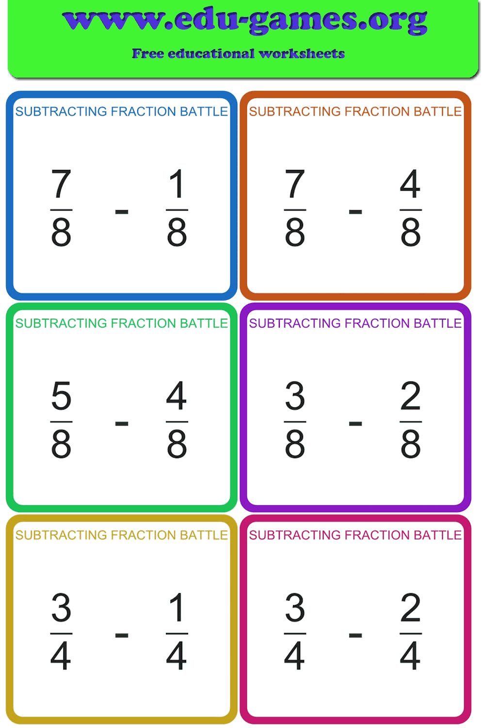 Subtracting Fraction Battle | Printable Subtracting Fractions Card Game