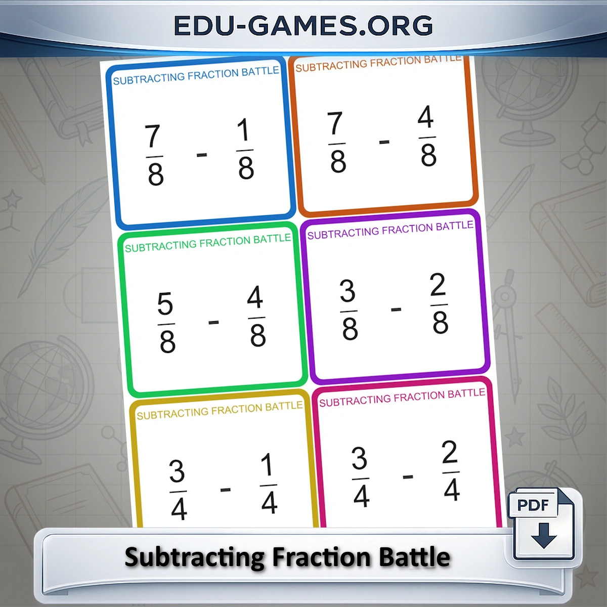 Printable subtracting fraction battle card game