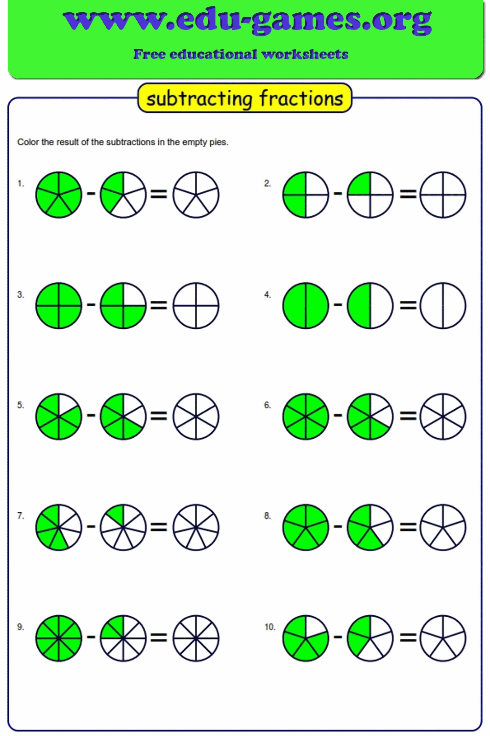 Subtracting Fraction Circles Worksheet Generator — Free Printable PDFs