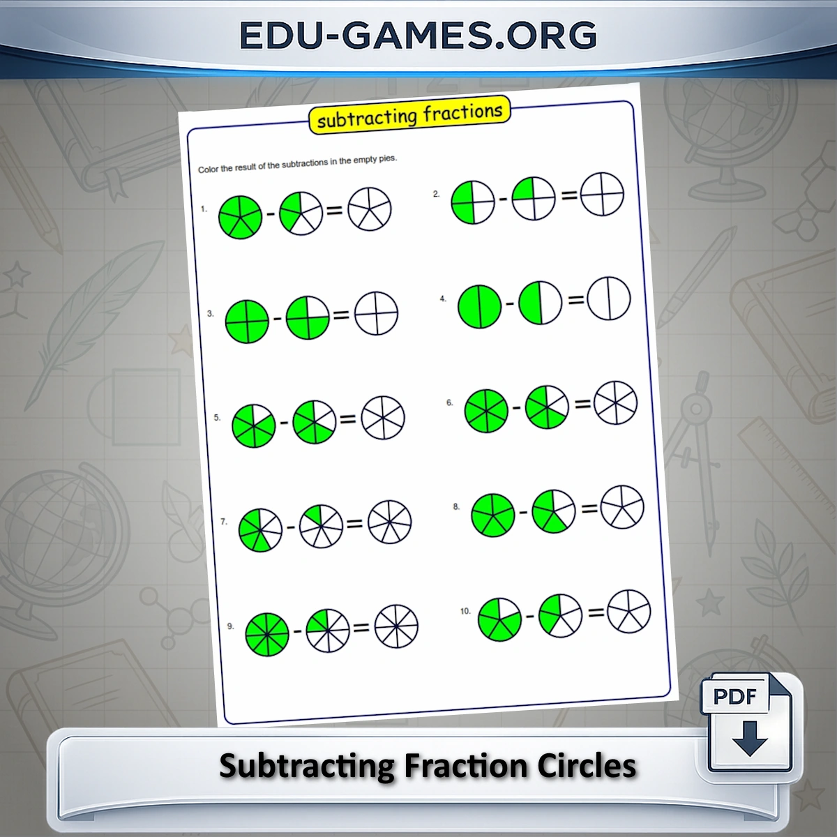 Free printable subtracting fraction circles worksheet generator