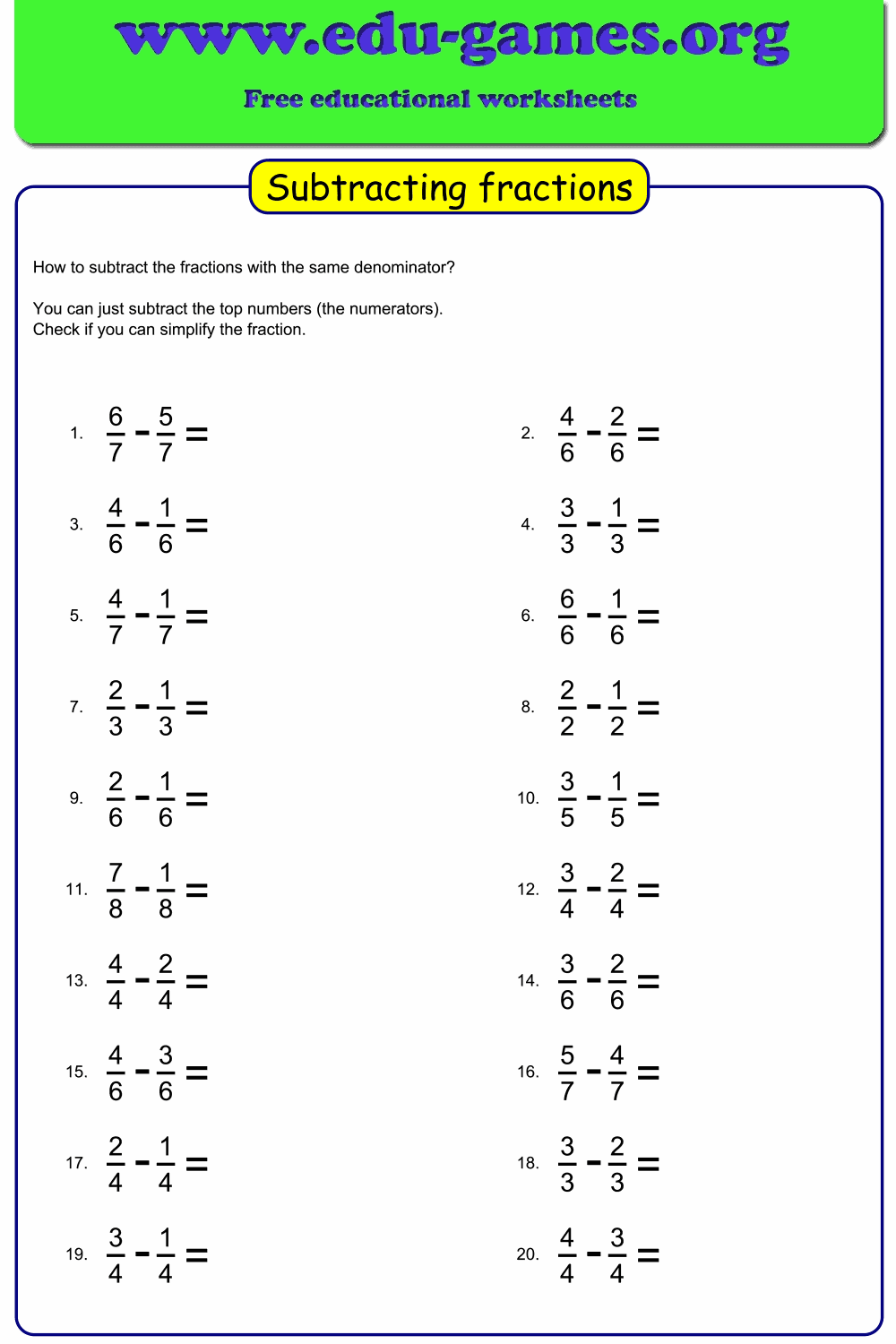Subtracting Fractions Worksheet Generator — Free Printable PDF