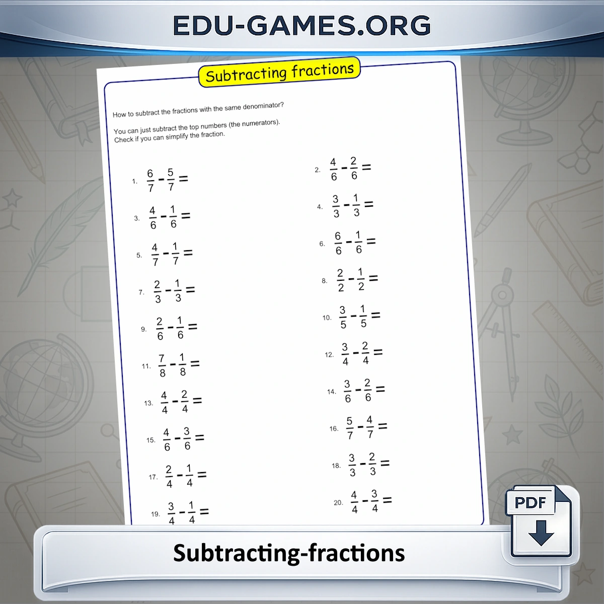 Free printable subtracting fractions worksheet generator