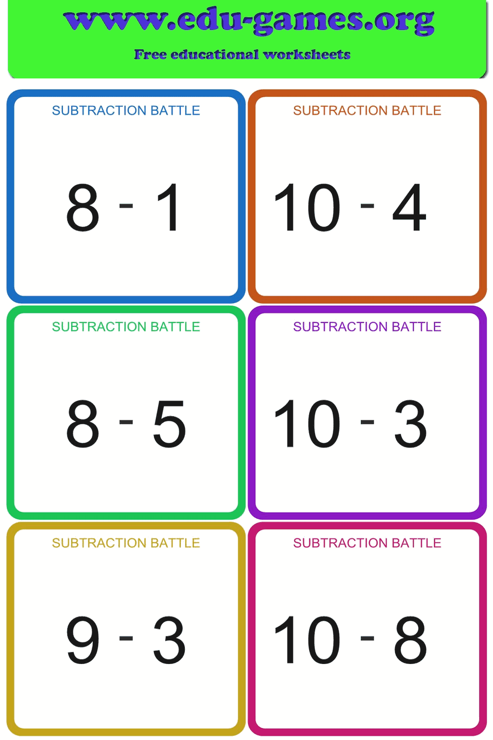 Subtraction Battle | Printable Subtraction Card Game